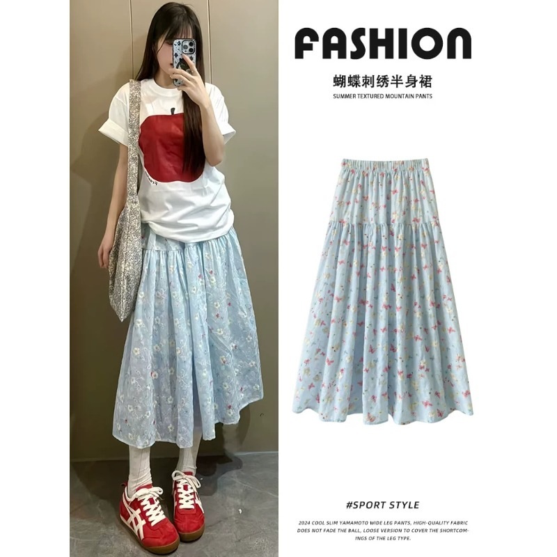 Embroidered pleated skirt for plus-size women, new style, large size, summer skirt, high-waisted, slimming, with floral lining