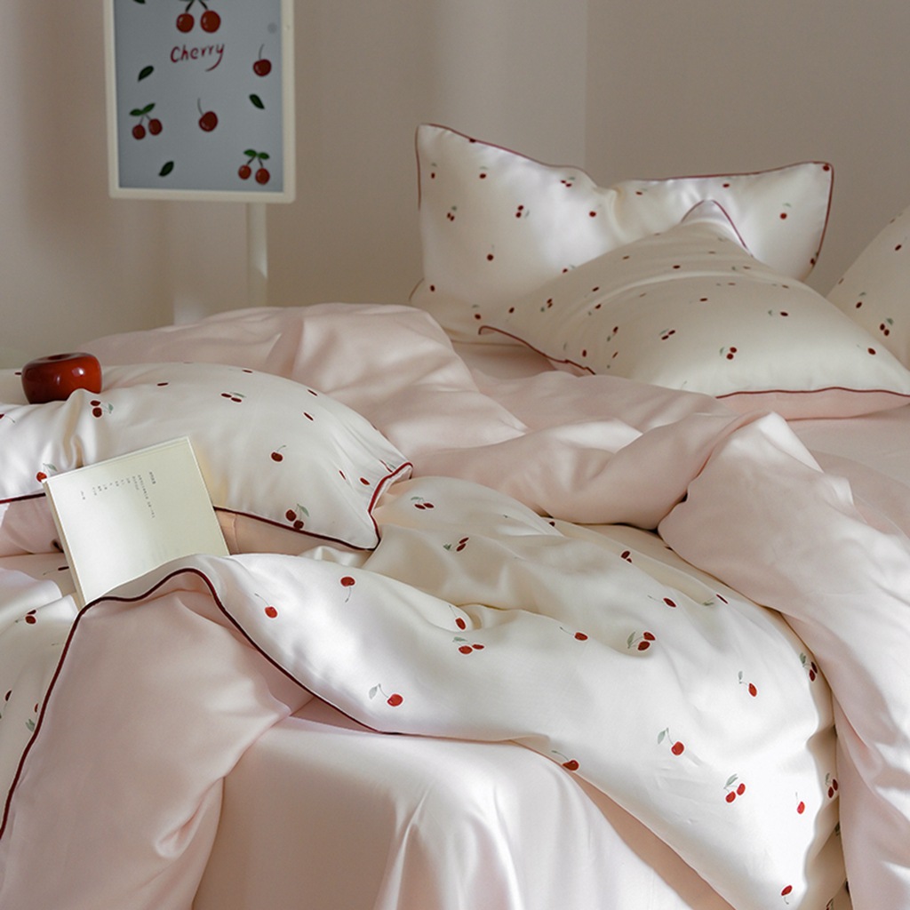Austrian Lenzing Tencel Sheet Set For Girls Cherry Print Ice Silk_voghion.com