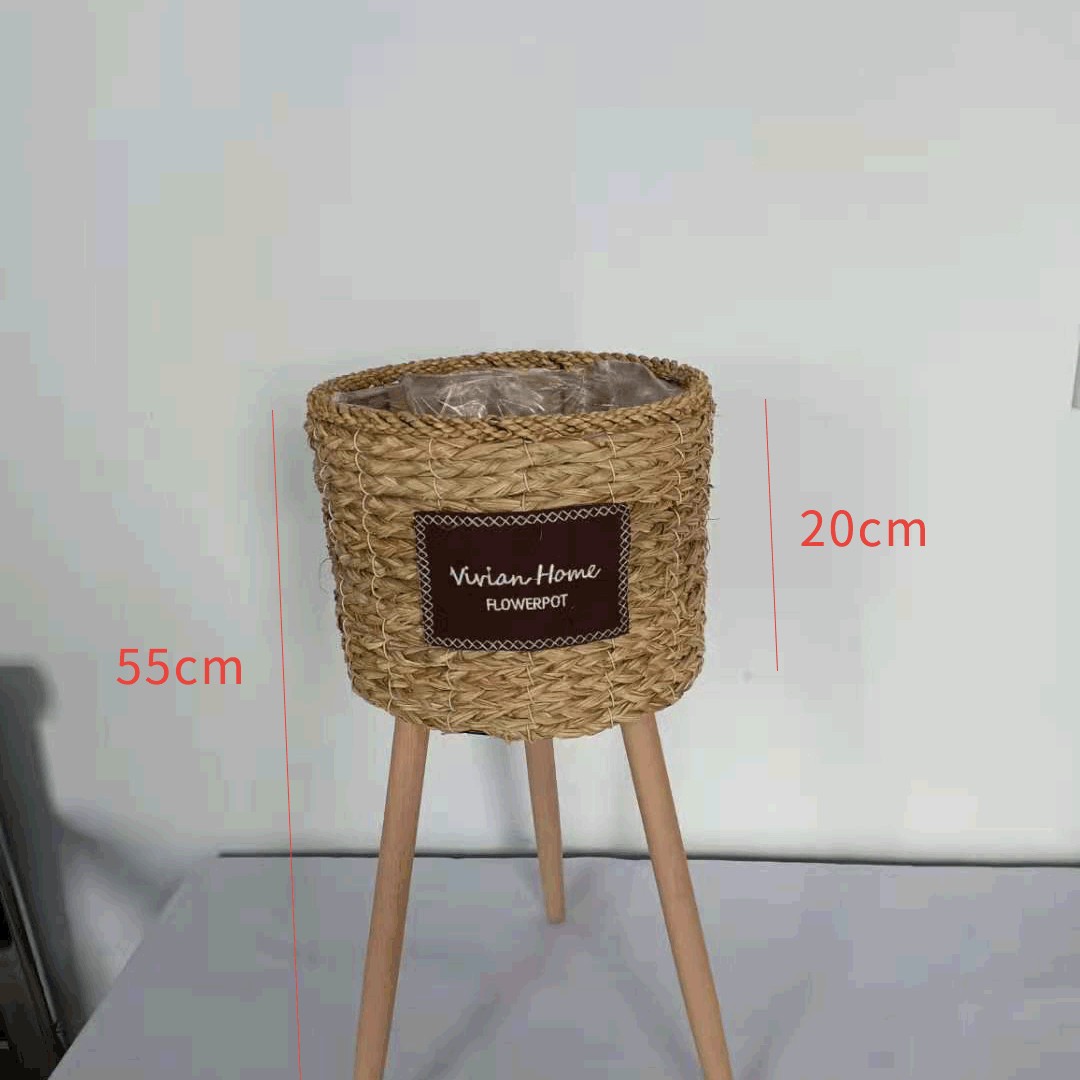 Piso de La Flor soporte de madera pierna piso flor soporte tejida flor olla sala de estar balcón decoración flor cesta paja tejido piso soporte