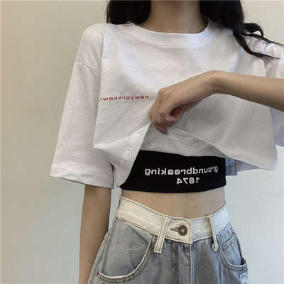 One-piece/two-piece cropped top summer 2023 new Korean version of loose high waist T-shirt women's wholesale