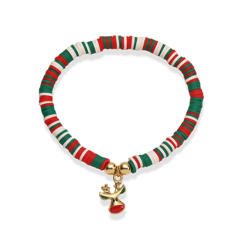 Fabricante de pulseras navideñas con cuentas de arcilla suave populares en Europa y América, chapado en aleación, con diseño de gota de aceite y campana de árbol de Navidad, en stock.