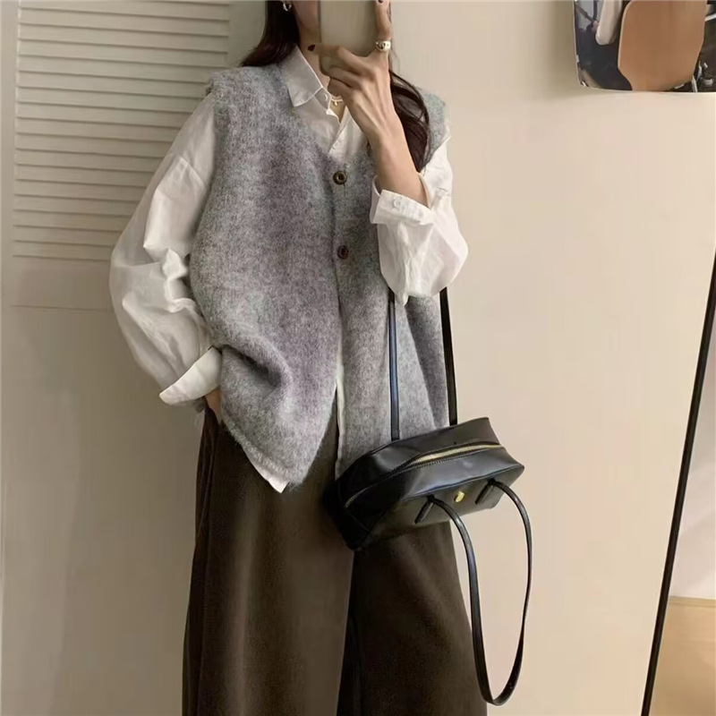 韩版复古百搭简约风无袖毛衣马甲女春秋季新款宽松叠穿针织背心女|undefined