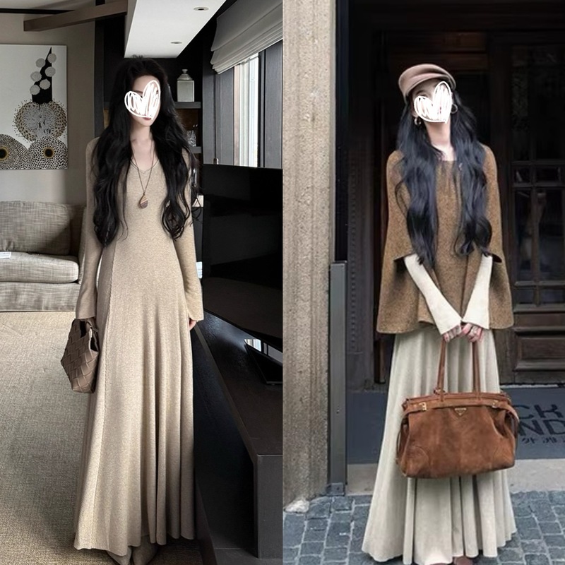 现货秋冬季长袖打底连衣裙女新款秋季高级感内搭显瘦针织裙|undefined