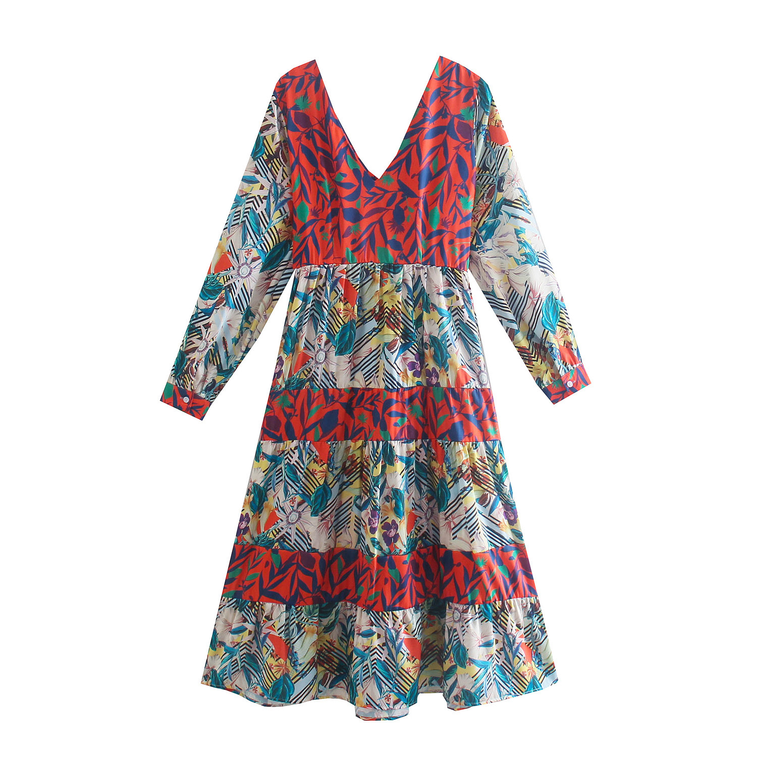 v-Neck Long-Sleeved Floral Printed Dress NSXFL103688
