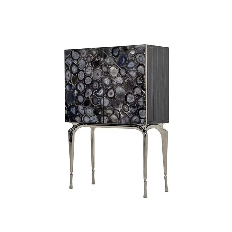 Italian light luxury high-end natural agate wine cabinet, mansion living room household integrated design metal storage cabinet