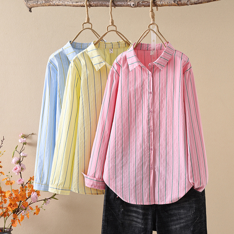Korean new striped printed cotton women cardigan long sleeve shirt wholesale