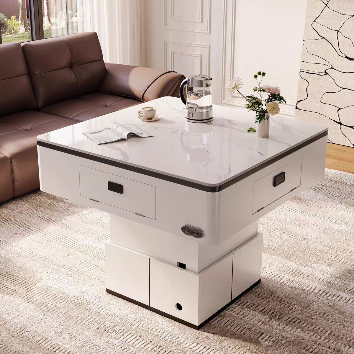 Rock Slab Mahjong Table, Integrated Dining Table and Coffee Table, Multi-Functional Square Table with Adjustable Height, Dual-Use Home Mahjong Machine