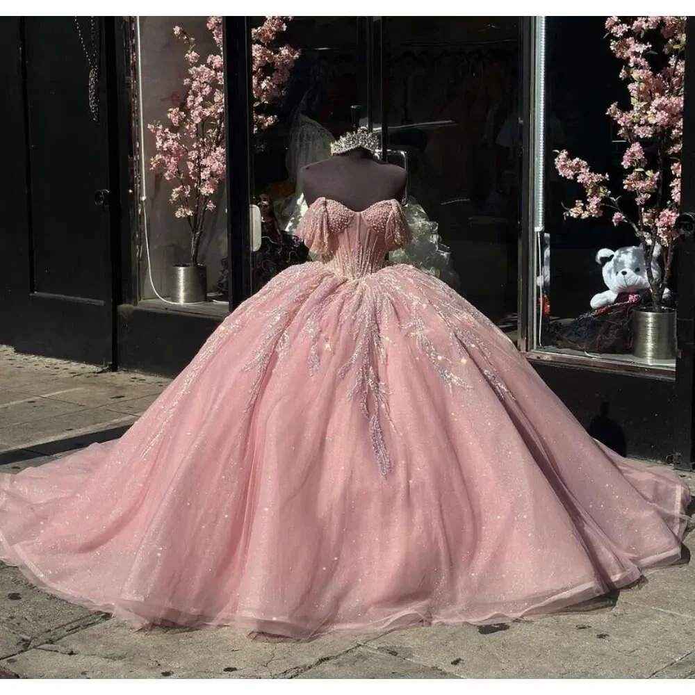 Pink Pearls Off the Shoulder Ball Gown Quinceanera Dresses Sequin Appliques Lace Tulle Corset Sweet