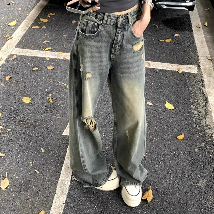 美式复古不规则毛边破洞牛仔裤女小个子高腰直筒宽松显瘦阔腿长裤|undefined