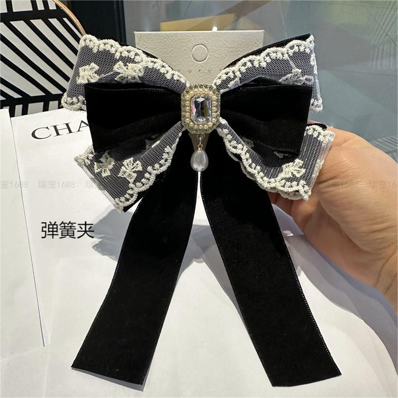 Online celebrity elegant Korean style square rhinestone pearl pendant bow spring clip sweet cute retro hair accessories wholesale