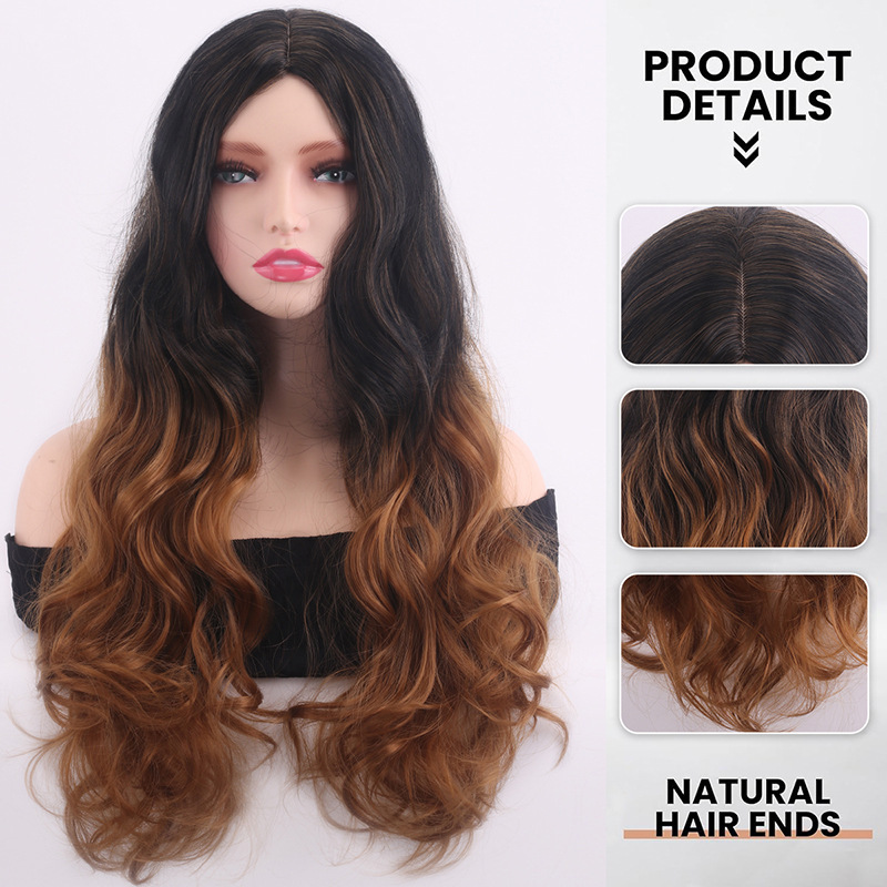 European and American Cross-Border Fashion Wig for Women with Big Waves Gradient Black Blonde Wig for Women High Temperature Silk Wig