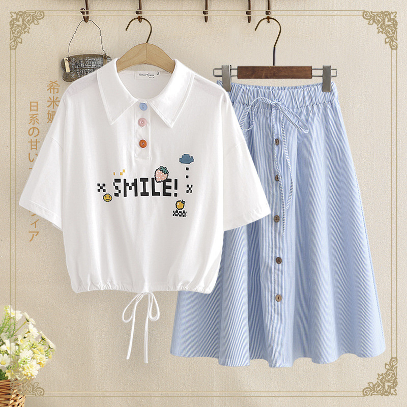 Sweet junior high school girl Summer short T-shirt with collar + high waist mid-length skirt suit skirt two-piece suit