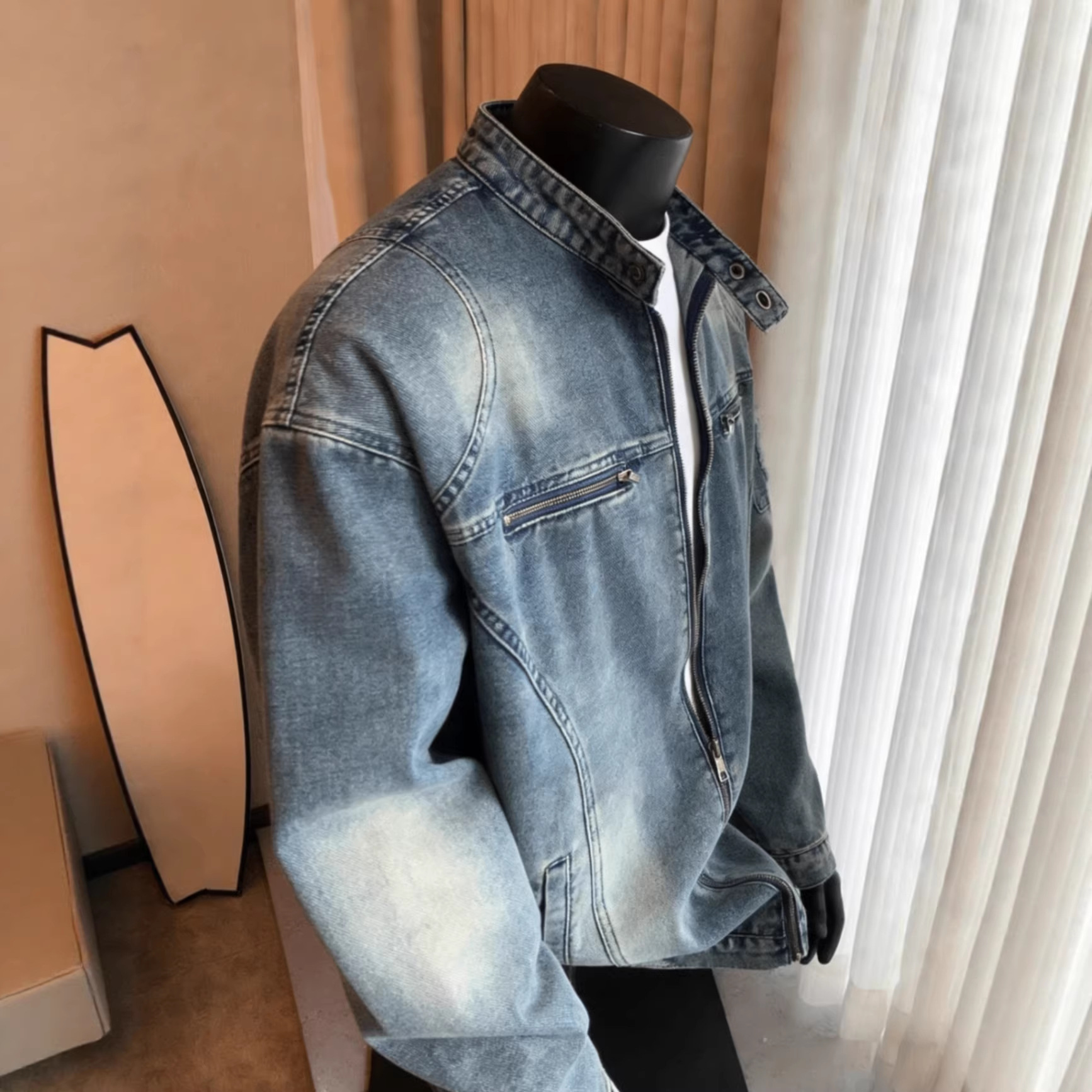 Motorcycle Denim Jacket For Men, Washed And Worn Trendy Brand Loose Casual Zipper Jacket_voghion.com