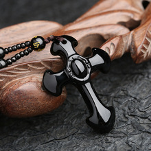 廠家直銷天然黑曜石十字架吊墜 男女款 水晶十字架項鏈飾品批發