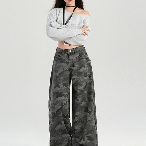 Pantalones casuales de pierna ancha de cintura alta de camuflaje retro americano para hombres y mujeres en la primavera y el verano de 2025