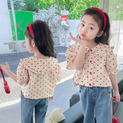 Girls' Summer Short Sleeve Checkered Blouse 100% Cotton with Bubble Sleeve, Peter Pan Collar, Cute for Kindergarten, Elementary School (Middle and Big Children)
