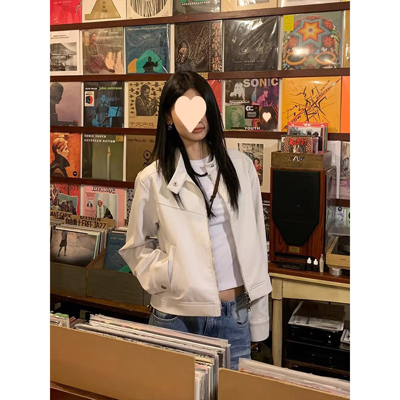 韩系白色皮衣短款外套女春秋季新款设计感小众机车服正肩夹克潮|undefined