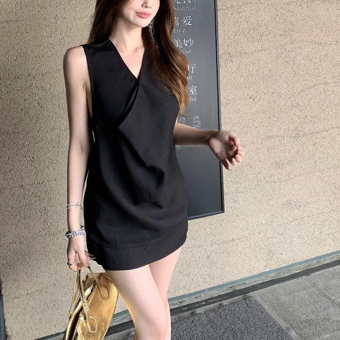 ファッションスーツ無地スイングカラーノースリーブトップ婦人服 2025 夏のファッション新しいハイウエストスカートショートスカート|undefined