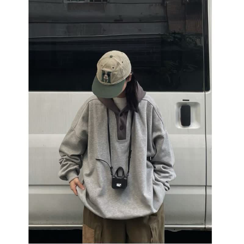 春秋毛线拼接廓形连帽卫衣男女学院风宽松休闲小众设计感外套潮流