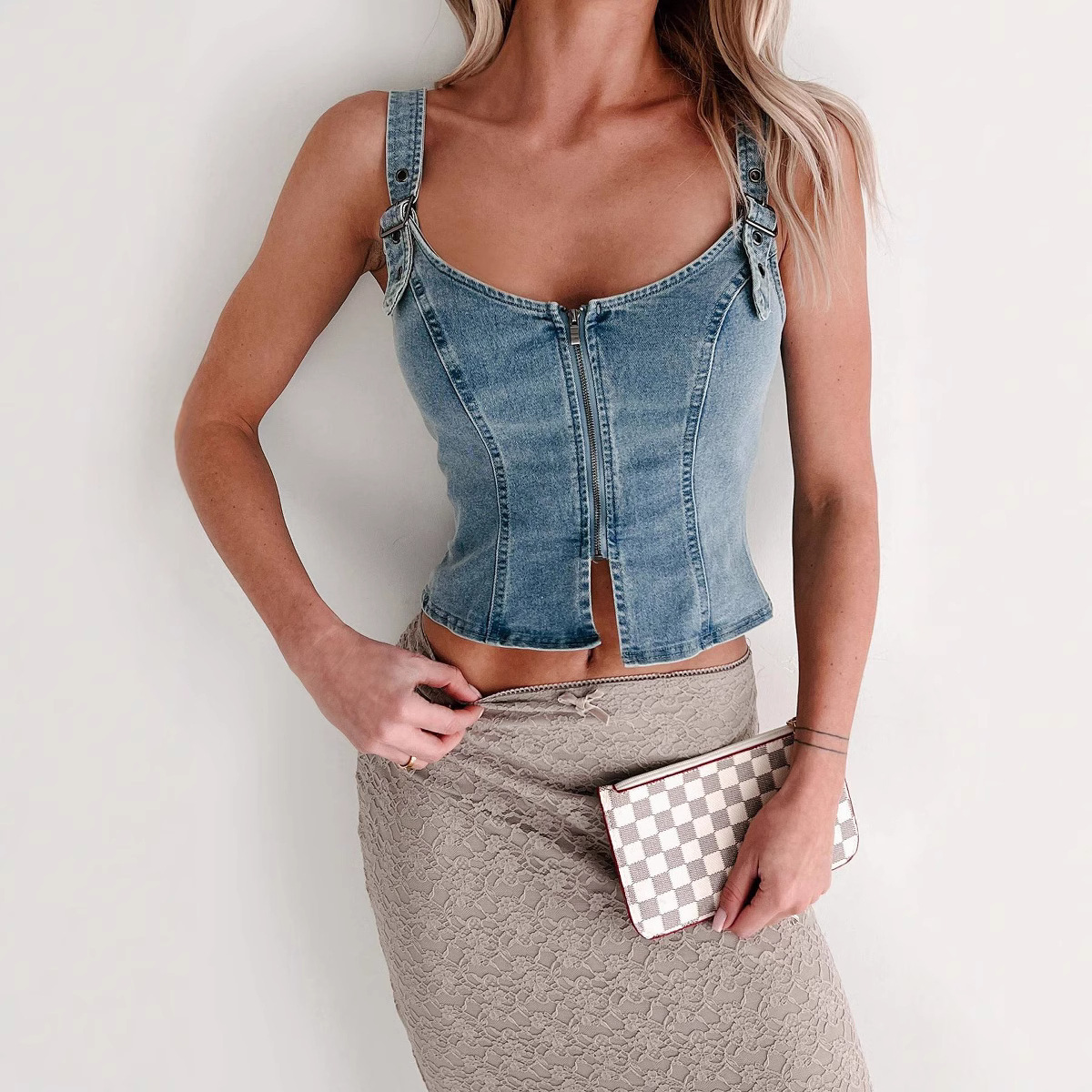 2025 Spring/summer New Women's Denim Cardigan Sleeveless Zipper Vest Small Suspender Top_ecoleips.com