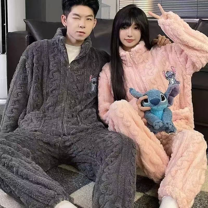 Invierno nuevo pijama de pareja de franela para mujeres lindas dibujos animados dulces ociosos simple color sólido ropa casera set hombre