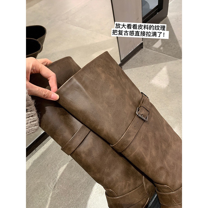 牛皮版~苏茵茵同款真皮复古双扣中高筒长靴女骑士靴西部长筒靴子|undefined
