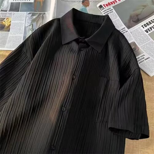 Textured Striped Short-Sleeve Shirt for Men - Summer Large Size - High-End Casual Iridescent Five-and-a-Half-Sleeve Fashion Top