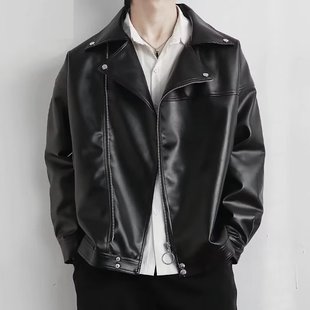 Lapel leather coat men's spring and autumn Korean style trendy handsome casual men's jacket loose fashion brand retro motorcycle jacket