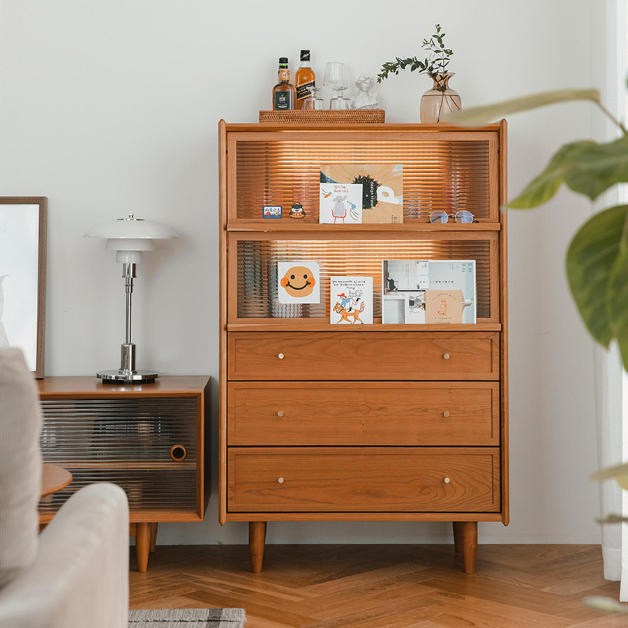 Solid Wood Bookcase Living Room Glass Single Door Hand-Made Display Storage Locker B&B Log Wall Narrow Cabinet Study