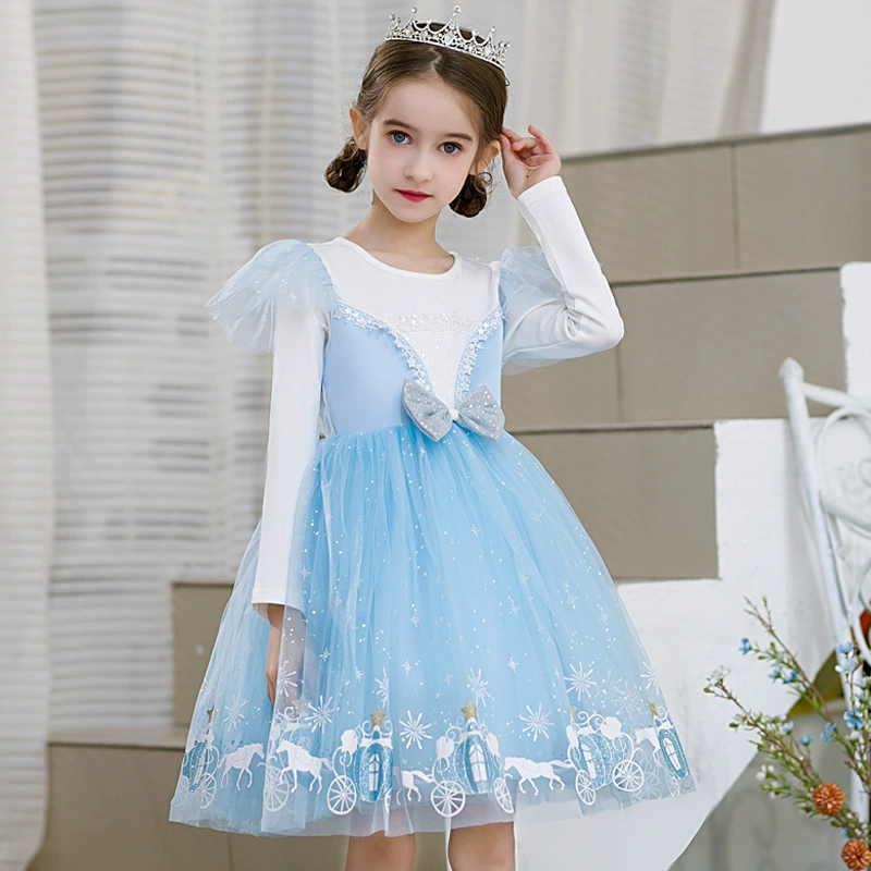 2025 Frozen Принцесса Айша Платье с длинными рукавами трикотажное платье с принтом бант Детское платье принцессы