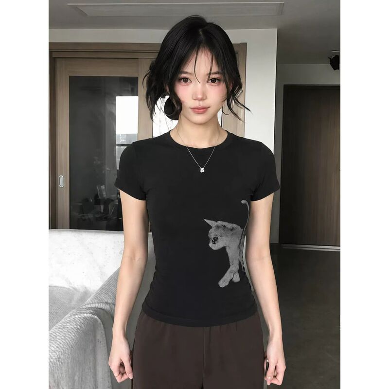 American-style straight-shoulder round-neck short-sleeve t-shirt for women, summer new casual slim-fit niche printed top for trendy girls