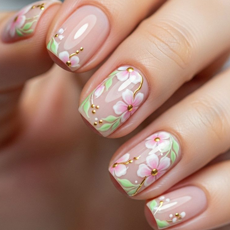 Wearable Short Square Nude-Colored Nails with Embossed Flowers, Gold Lines, and Polka Dot Decorations, Removable Fake Nails, Nail Art Stickers