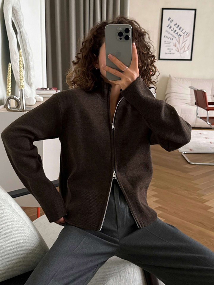 Áo khoác cardigan len dệt kim cổ đứng khóa kéo hai chiều dài tay — Màu nâu cà phê, Màu trắng, màu đen, màu đỏ chi tiết 22