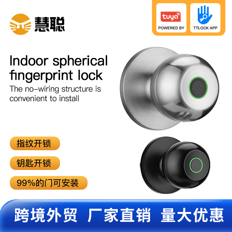 慧聪球形指纹锁把手室内卧室房门圆柱形锁涂鸦蓝牙APP家用智能锁