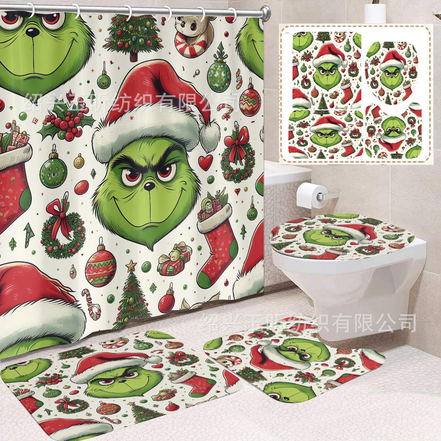 Tela de cortina de ducha transfronteriza, cortina de ducha impermeable, alfombra antideslizante de baño, juego de Grinch 4 de pelo verde al por mayor, sin perforación