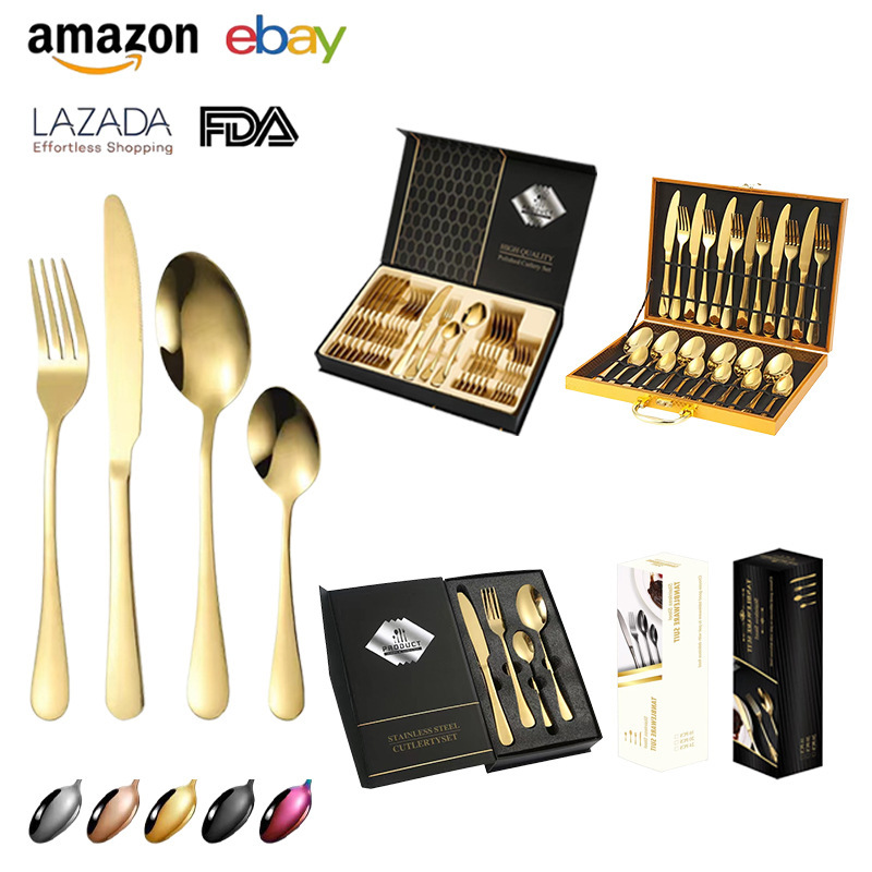 Amazon 1010 stainless steel tableware 24-piece western knife, fork and spoon gift box suit golden stainless steel tableware Amazon 1010 stainless steel tableware 24-piece western knife, fork and spoon gift box suit golden stainless steel tableware