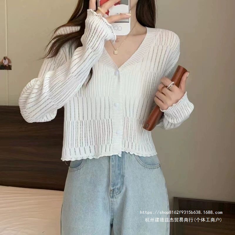 Thin long-sleeved sun-protective knitted cardigan for women, new summer 2026 style, trendy hollow-out short top.