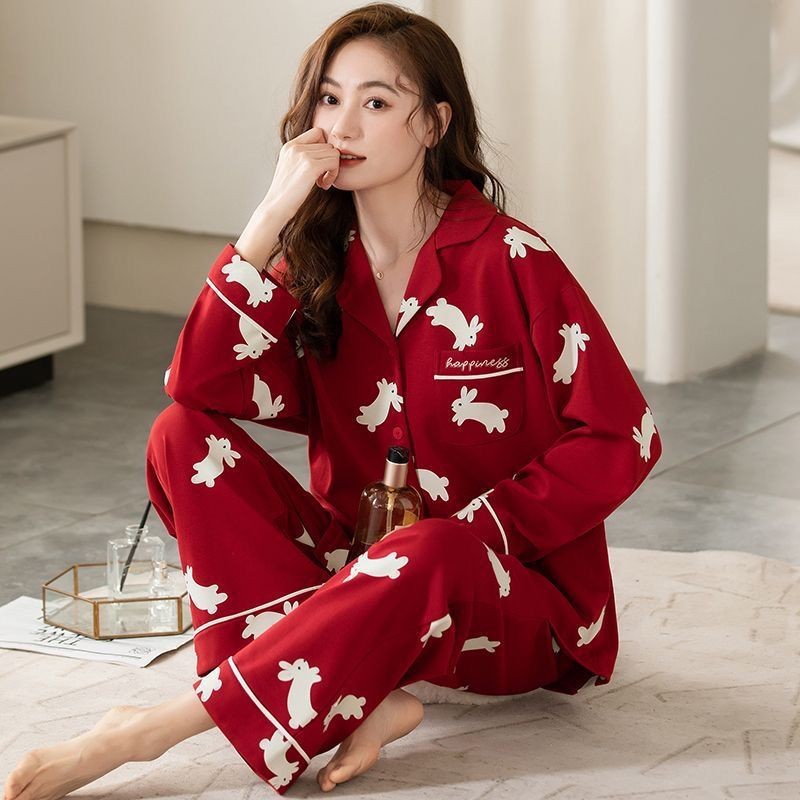 Pijamas de alta gama 100% algodón de las mujeres de primavera y otoño de manga larga cardigan de alta gama dulce ropa de abrigo homewear traje