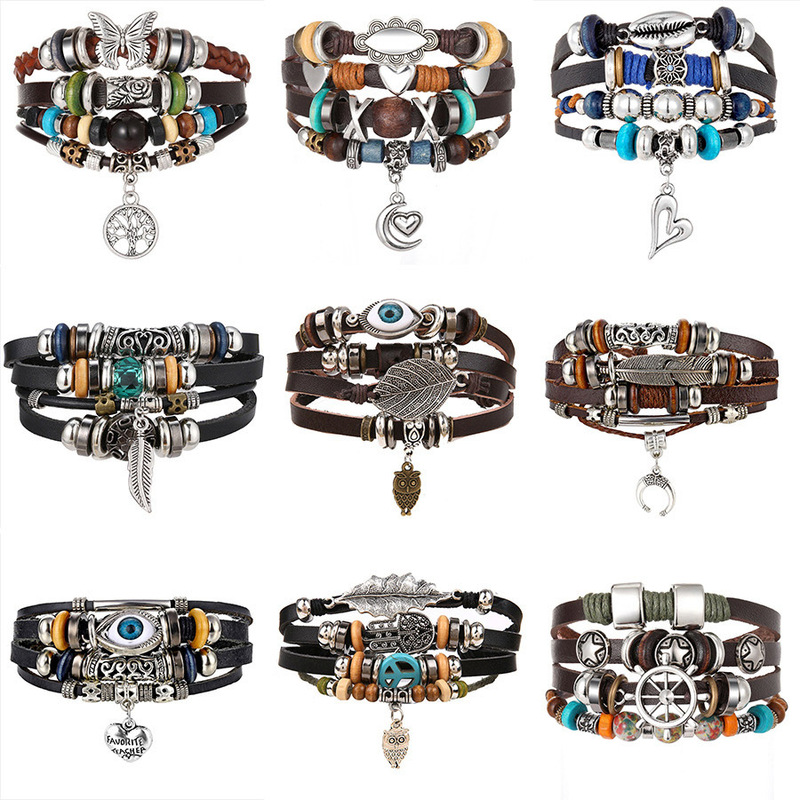 Cross-border turquoise men's woven artificial leather bracelet multi-layer leaf pendant beaded ladies bracelet wholesale