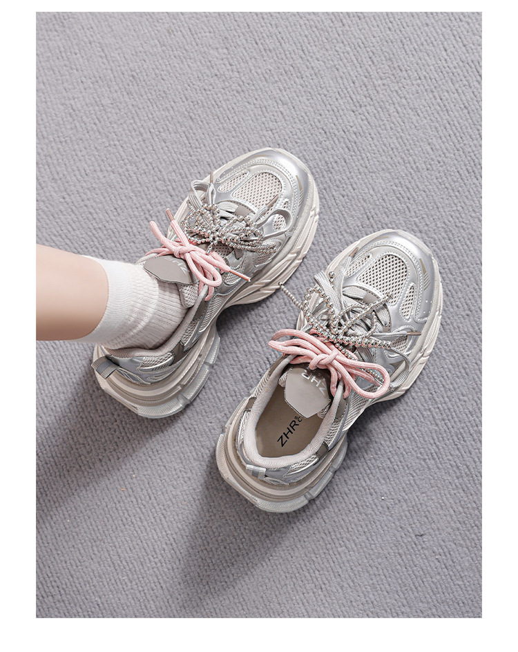 Giày sneaker nữ chunky đế dày 7,8cm mặt lưới thoáng khí dây ngọc trai — KD29E Màu be chi tiết 15