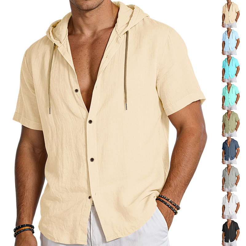 Amazon americano lino camisa de hombre comercio exterior moda ocio verano transpirable delgado con capuzas de manga corta chaqueta cardián