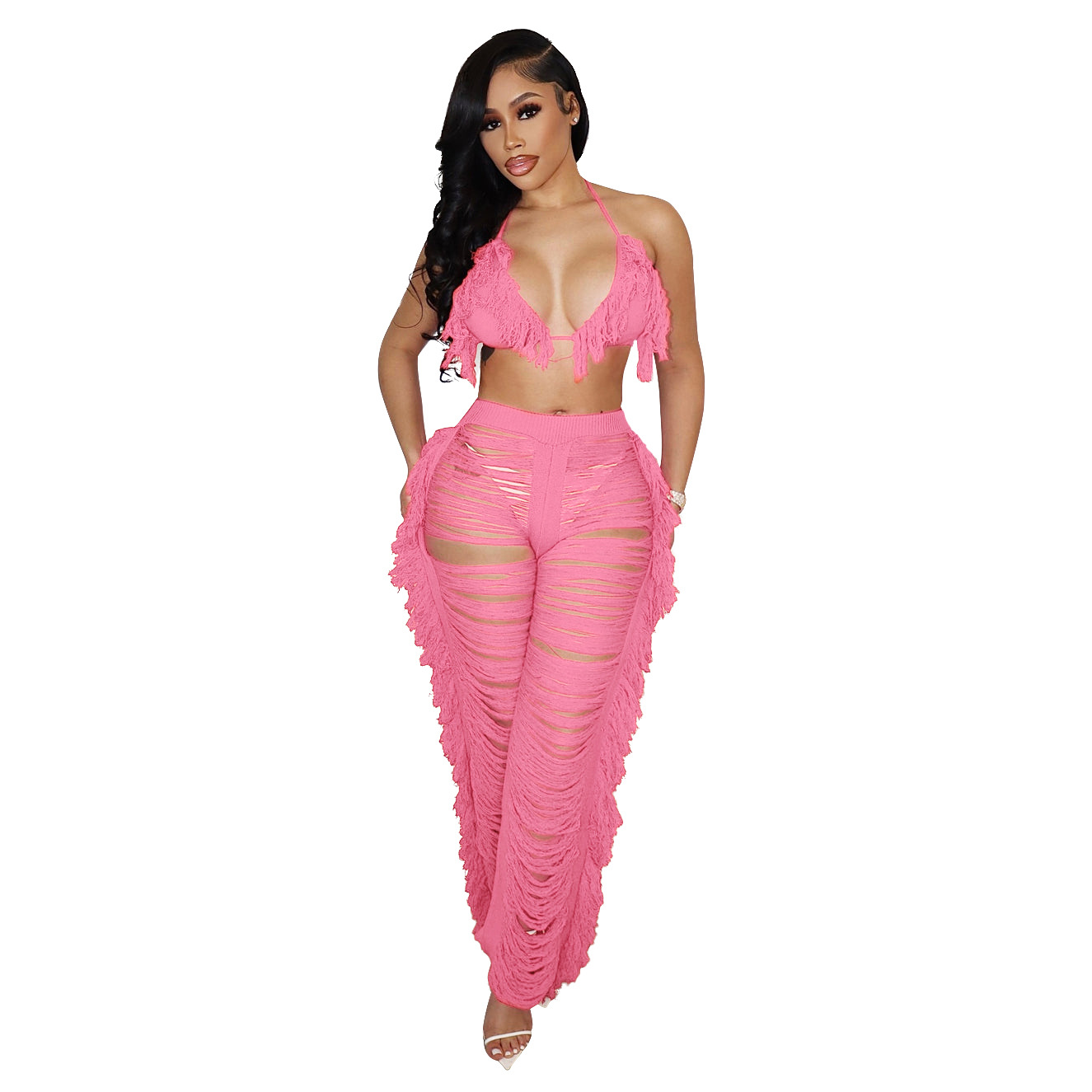 Women's Sexy Solid Color Polyester Polyacrylonitrile Fiber Tassel Pants Sets display picture 4