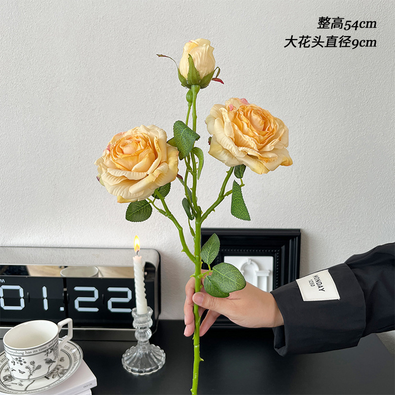 2花1蕊干枯烤边玫瑰花复古秋色仿真花假花装饰花摆件DIY花材外贸|undefined