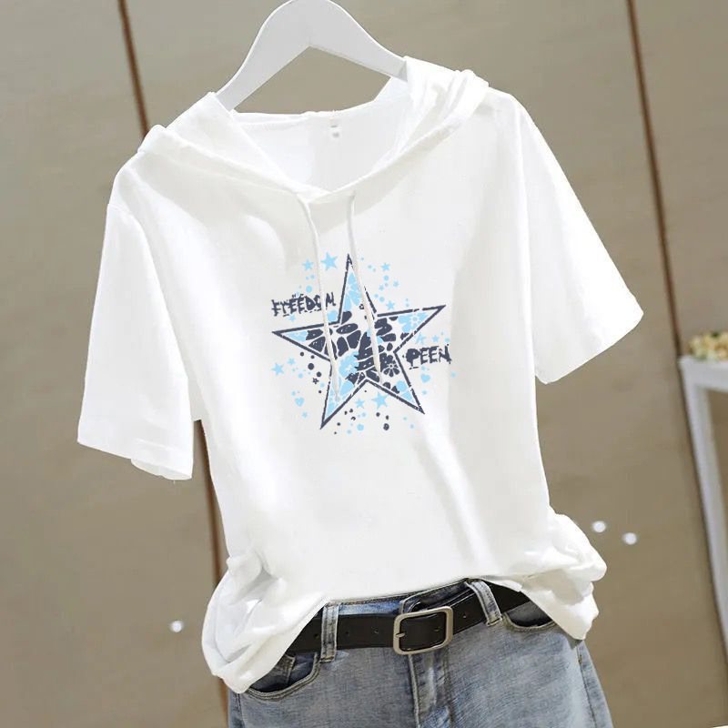 100 Cotton Hooded T-shirt Women's Short-sleeved 2025 Summer New Age-reducing Slimming Half-sleeved Loose Korean Style Sweat for Women