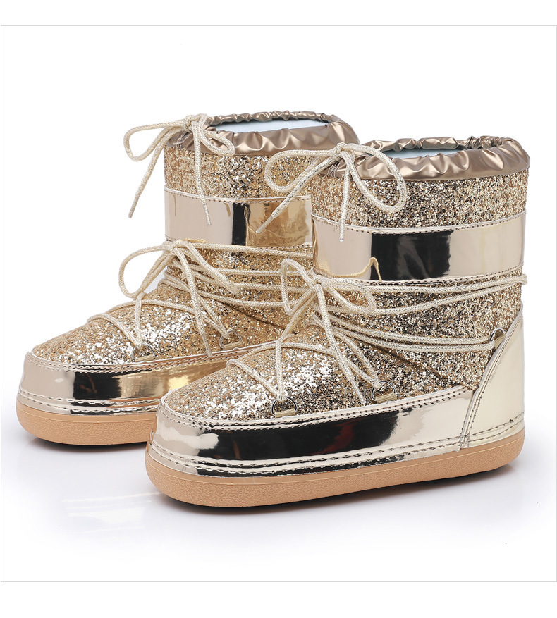 NOKOMETA European And American Winter Space Boots Platform Sequined Bread Short Boots Snow Boots Women's Tide Ski Shoes Straps 2025_voghion.com