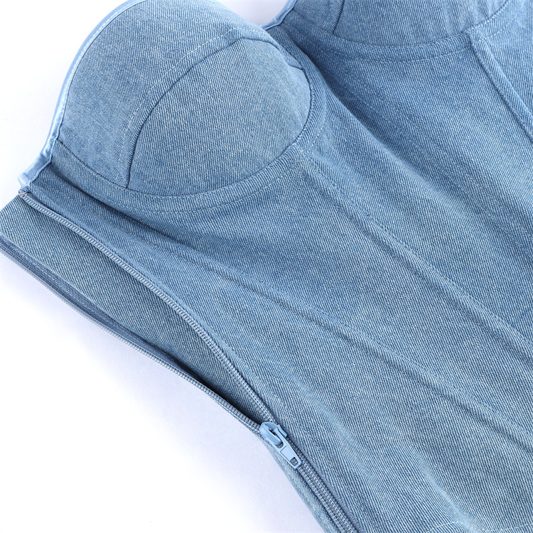 Light Blue Denim Strapless Shapewear Top With Bra Support For Women_voghion.com