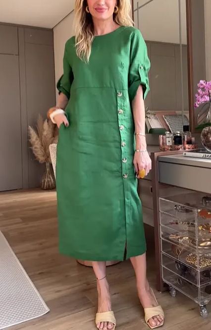 亚马逊新款2025欧美跨境女装夏季风宽松休闲纯色短袖棉麻连衣裙女|undefined