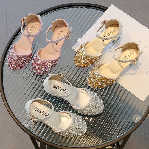 Spring New Girls' Diamond Princess Small Leather Shoes Student Pearl Monosole for Older Children Dance Shoes Fashion