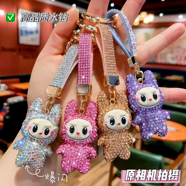 Cross-Border New Style Sparkling Labubu Keychain Full Diamond Backpack Pendant Exquisite Rhinestone Doll Gift Wholesale