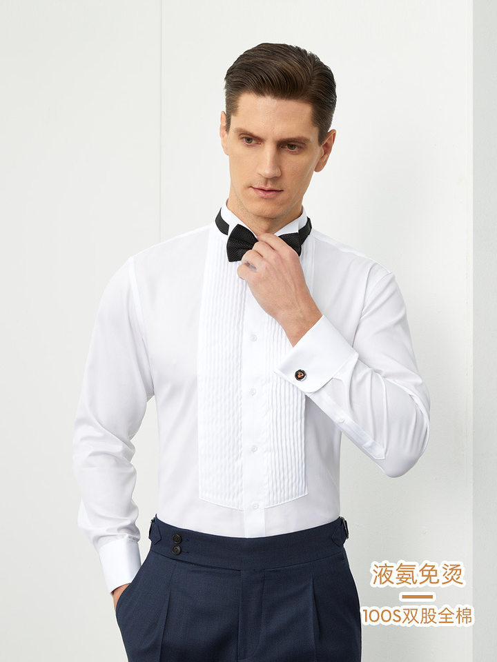 Áo sơ mi nam tay dài màu trắng cổ cánh én kiểu Pháp khuy măng sét dự tiệc cưới — Áo khoác cổ trắng